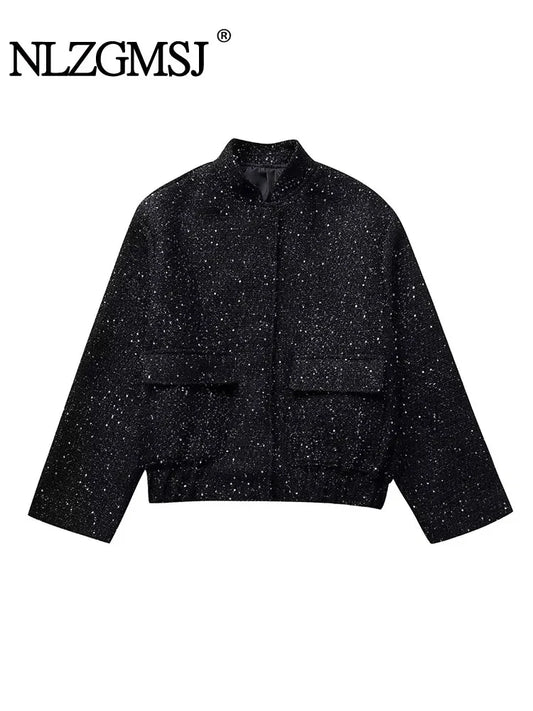 Shiny Sequin Jacket Y2k Gold Color Stand Collar