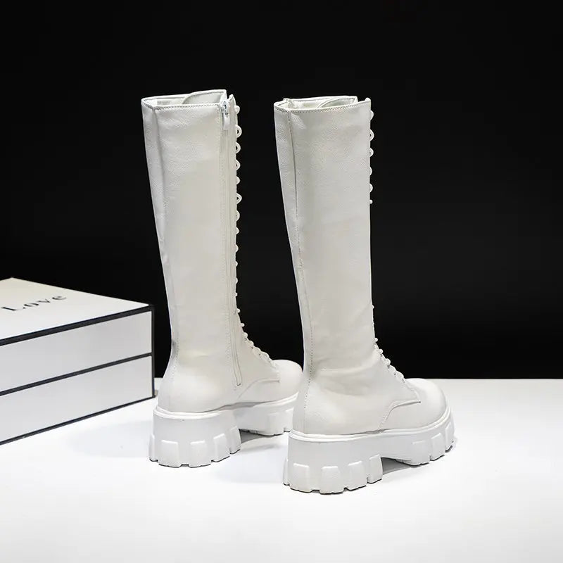 Long Boot Shoes Women White Lace Up