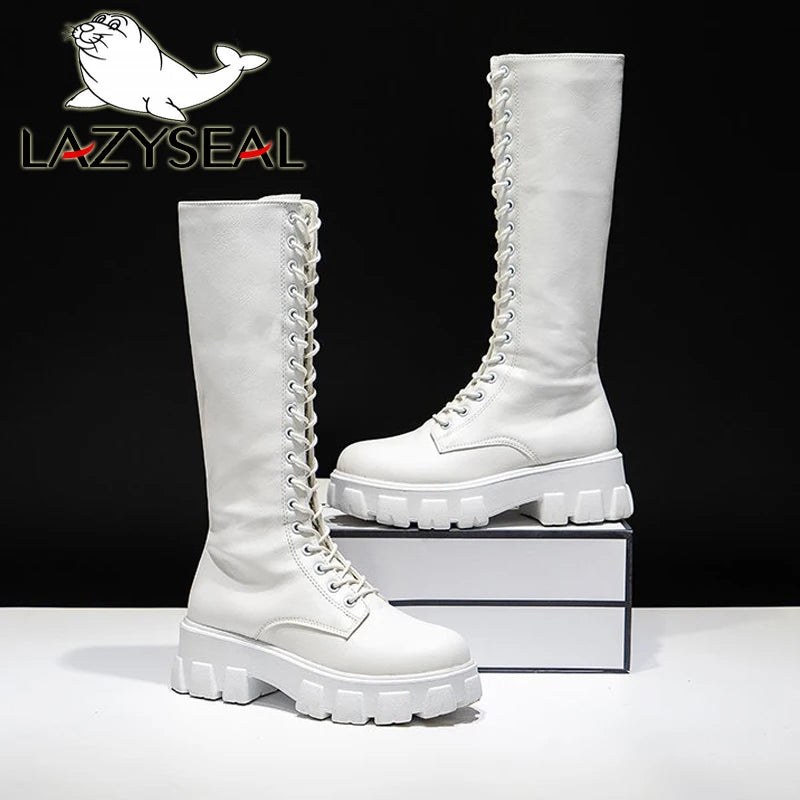 Long Boot Shoes Women White Lace Up