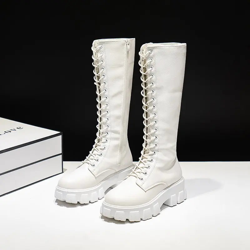 Long Boot Shoes Women White Lace Up