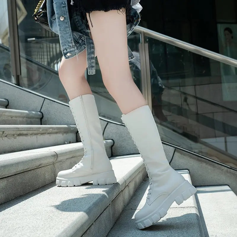 Long Boot Shoes Women White Lace Up