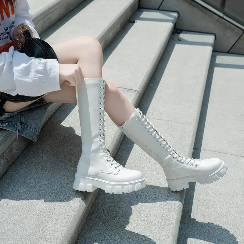 Long Boot Shoes Women White Lace Up