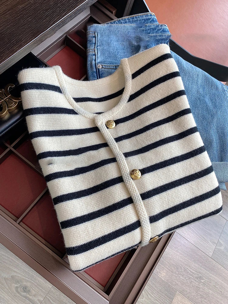 Sweaters O-neck Stripe Knitted Cardigan Fashion Long Sleeve