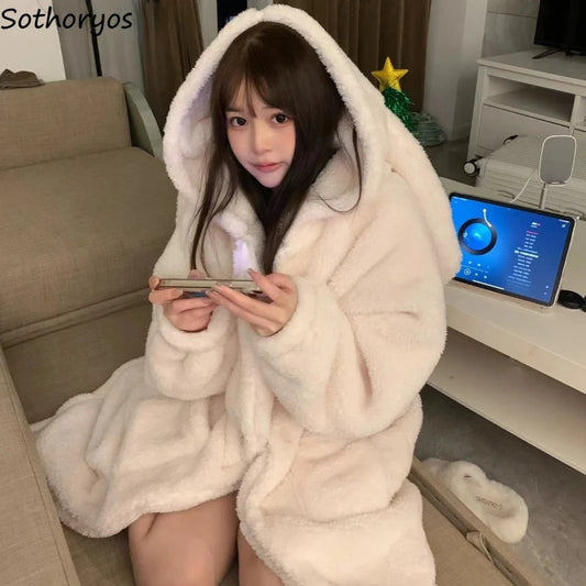 White Robes Women Rabbit-ears Hooded Sleepwear