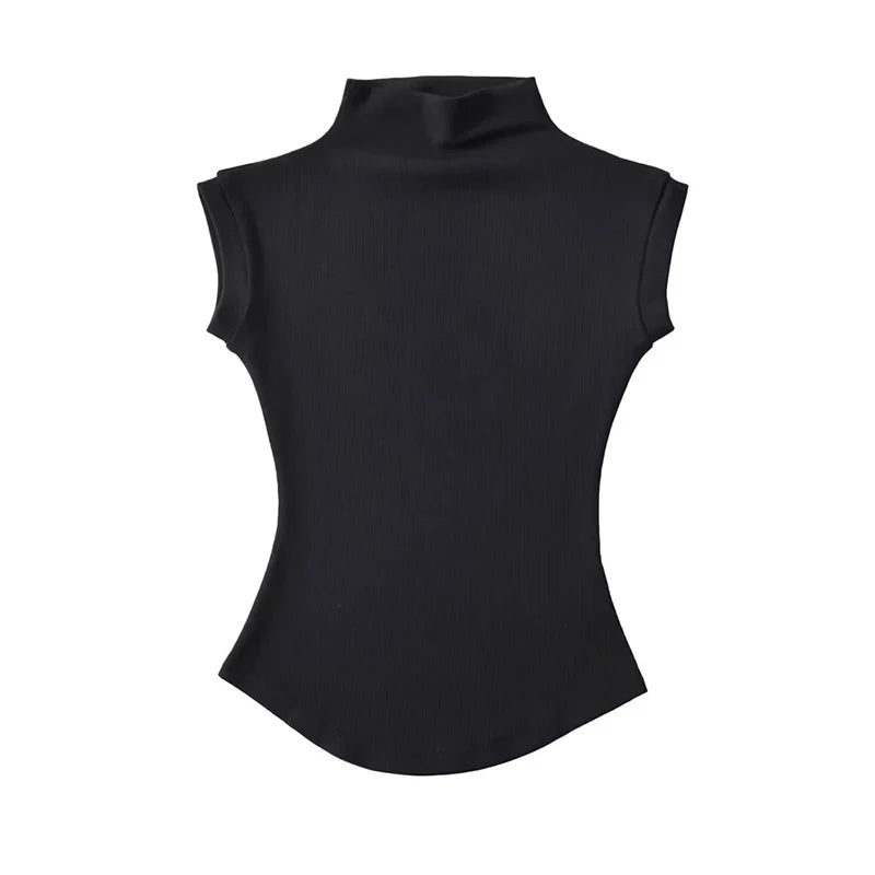 Sexy Turtleneck Sleeveless T-Shirts Tops Solid Slim