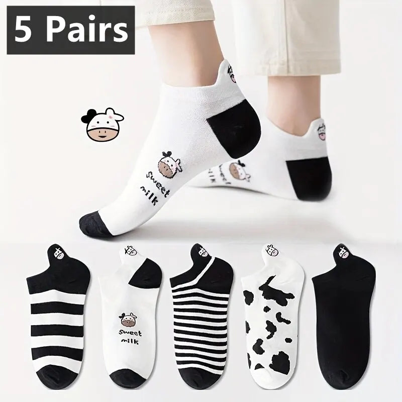 5 Pairs Womens Socks Lovely Cow Pattern Short Socks