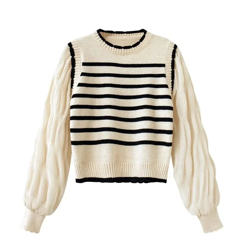 women Black and white striped fake two-piece knitted sweaters