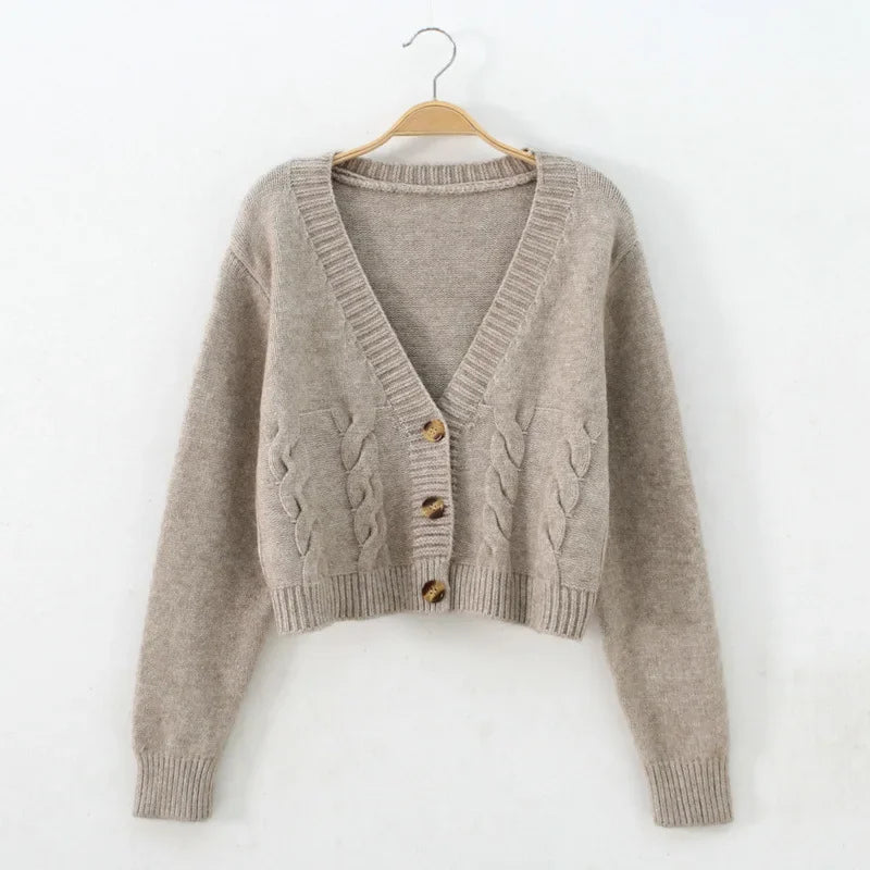 V Neck Cropped Cardigan Women Long Sleeve Twist Knitted Sweater Coats