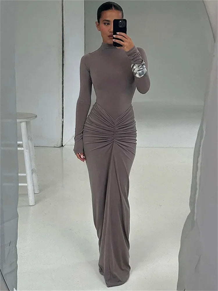 Long Dress Women's High Waist Long Sleeve Solid Slim Dress