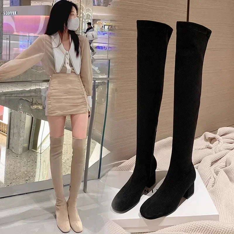 Elastic Long Faux Suede Boots Woman Over-the-knee Boots