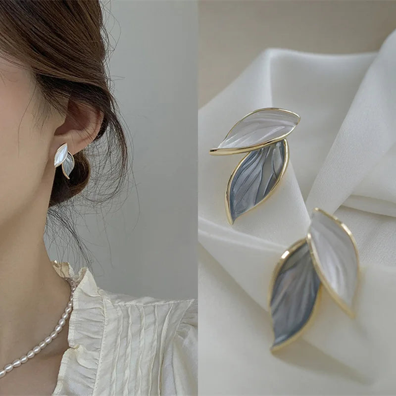 Grey Leaf Stud Earrings for Women 2024 Fashion Jewelry