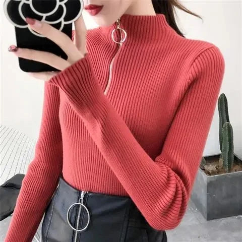 Knitted Women Zipper Half High Neck Sweater