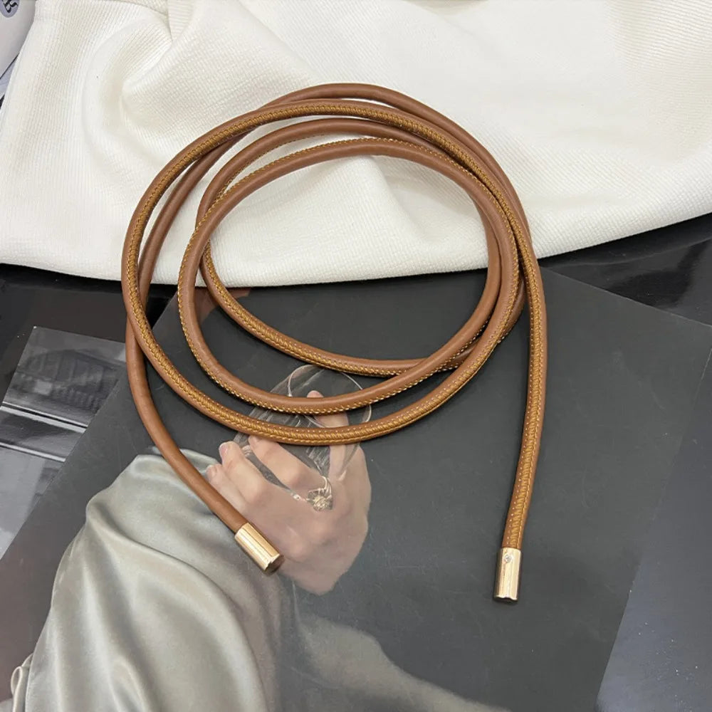 New Round Leather Rope Thin Belt Women Fashion Decorative Knotted Waist Rope Skirt Decorative Coat Sweater Strap