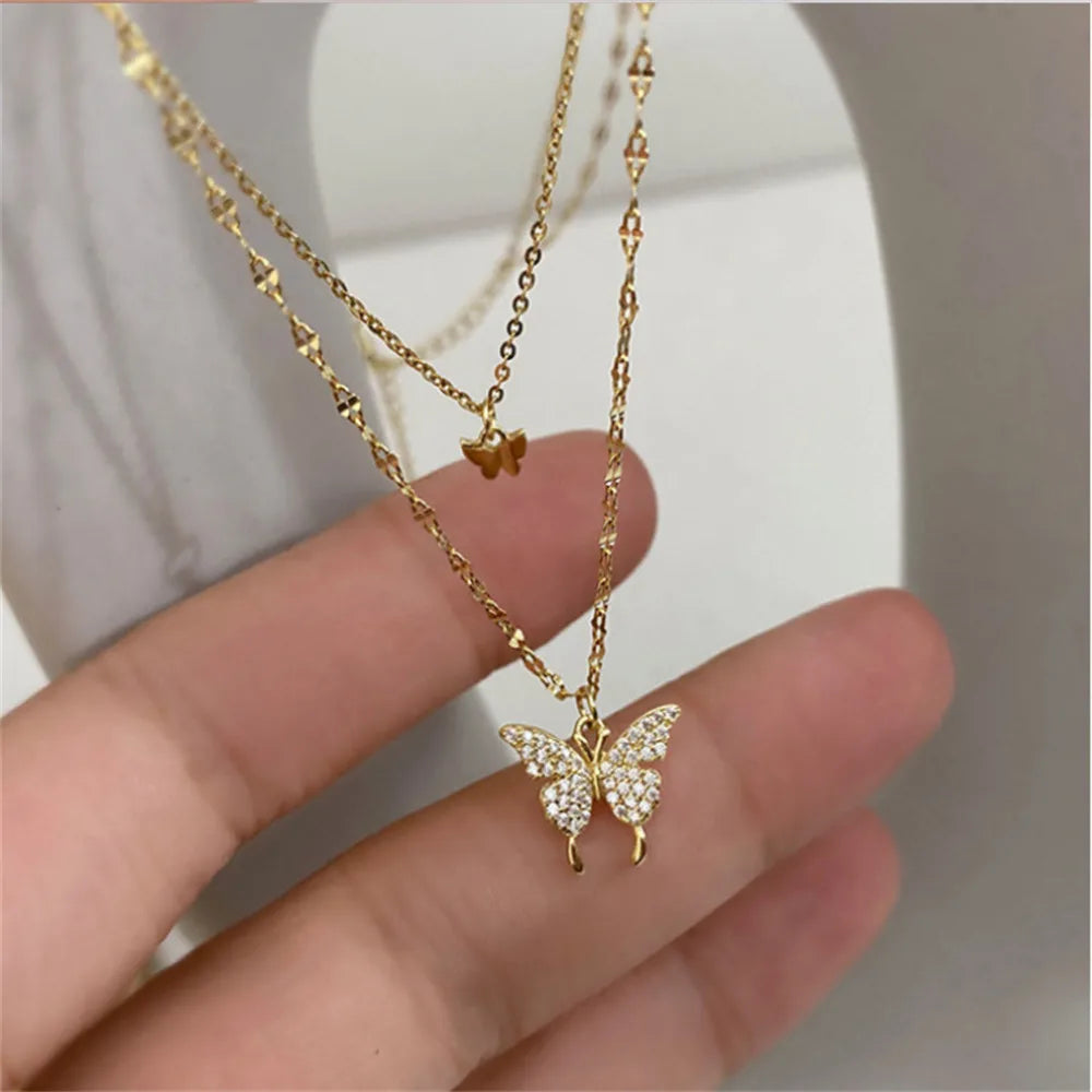 Shiny Layeyed Crystal Rhinestone Butterfly Neclace for Women