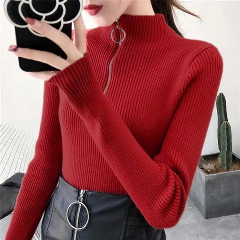 Knitted Women Zipper Half High Neck Sweater