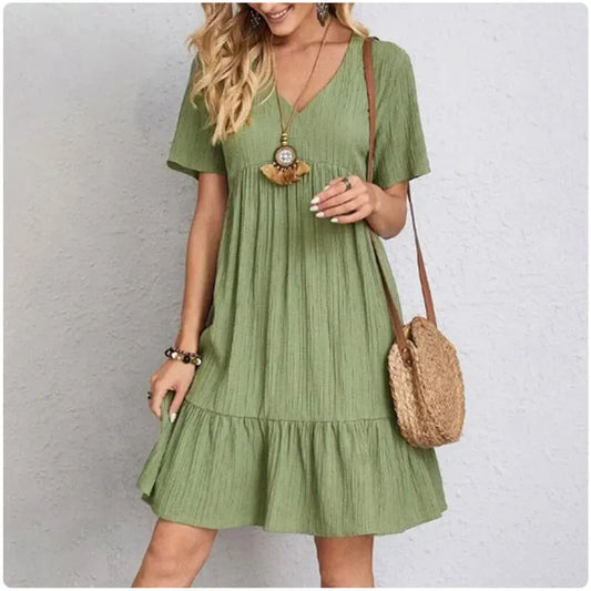 V-Neck Short Sleeve Loose Waist Dresses