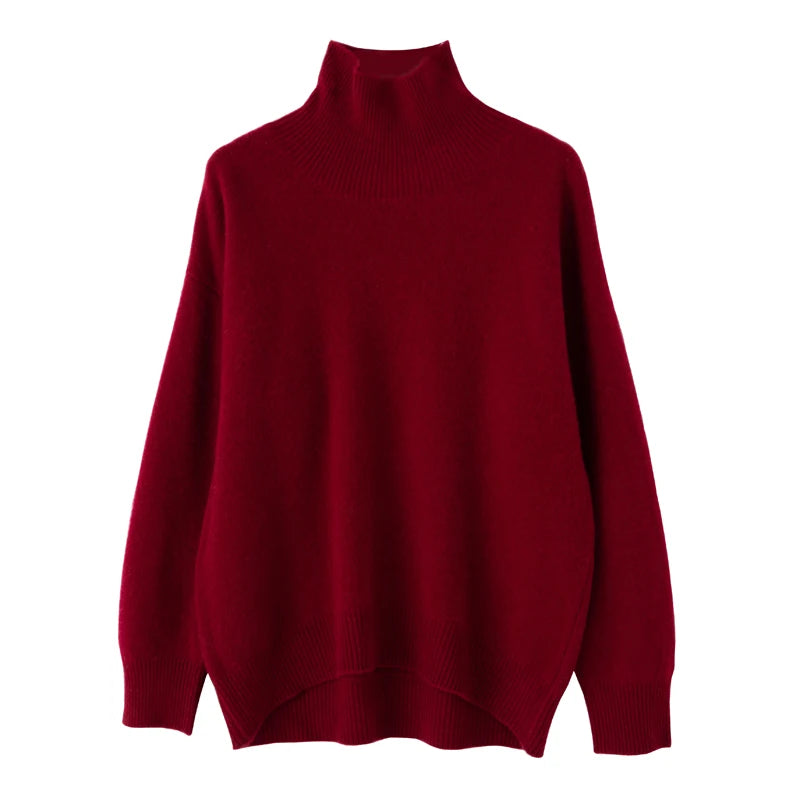 Wool Red Sweater Turtleneck Loose Casual Jumpers Pullover