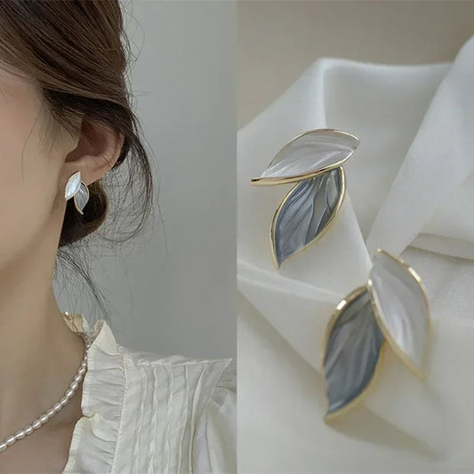 Grey Leaf Stud Earrings for Women 2024 Fashion Jewelry