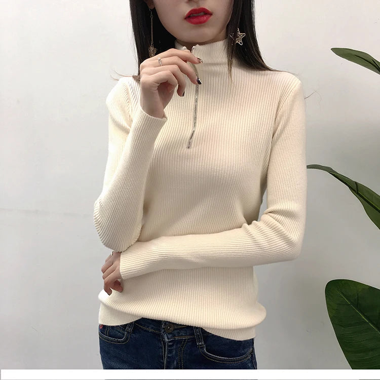 Knitted Women Zipper Half High Neck Sweater