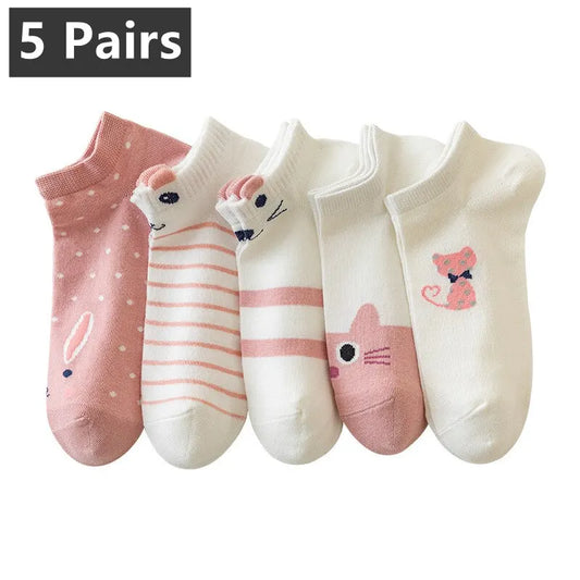 5 Pairs Womens Socks Kitty Crew Short Socks