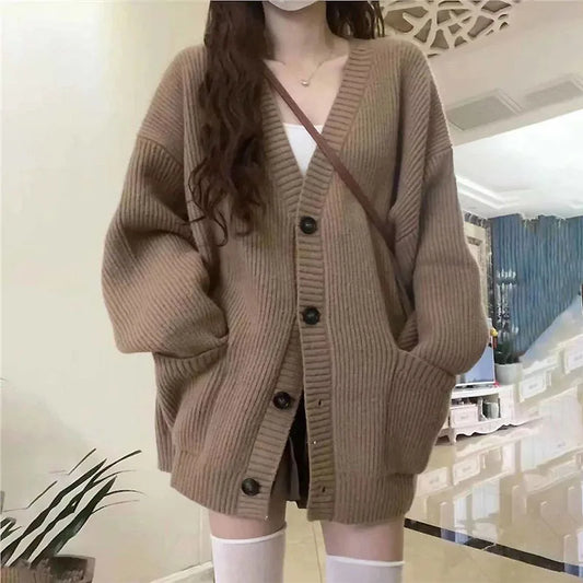 Autumn Winter Women Cardigan Sweater Coats Fashion Female Long Sleeve V-neck Loose Knitted Jackets Casual Sweater Cardigans