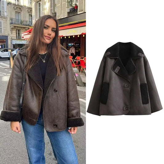 Woman Thick Faux Leather Jackets Warm Wool Blends Coats