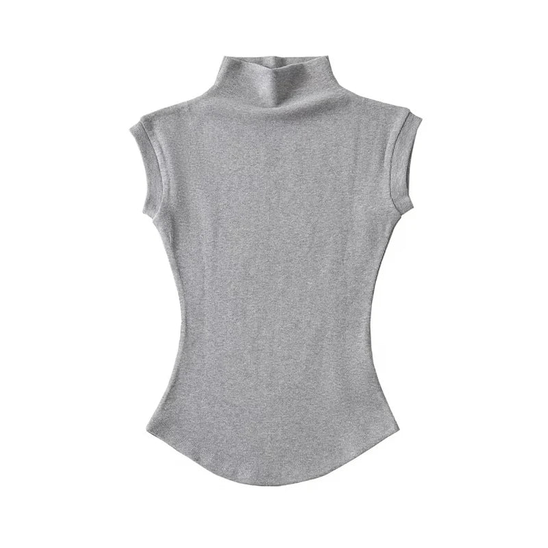 Sexy Turtleneck Sleeveless T-Shirts Tops Solid Slim