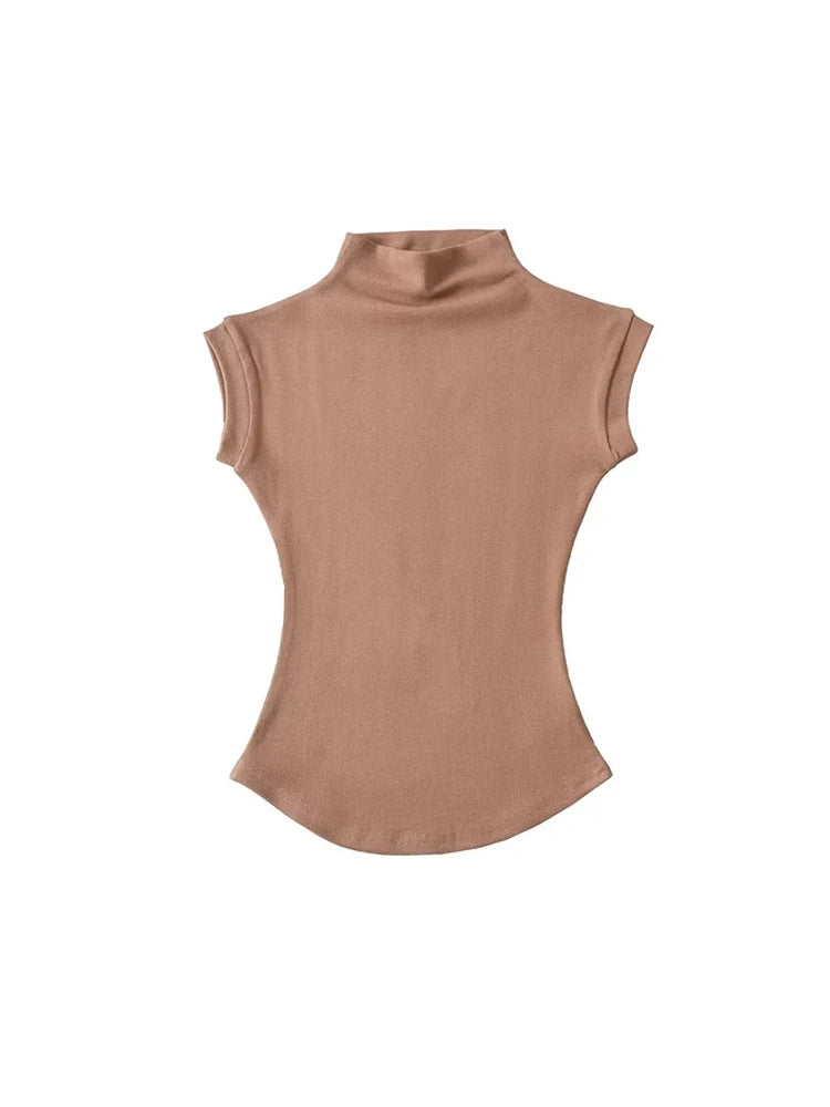 Sexy Turtleneck Sleeveless T-Shirts Tops Solid Slim