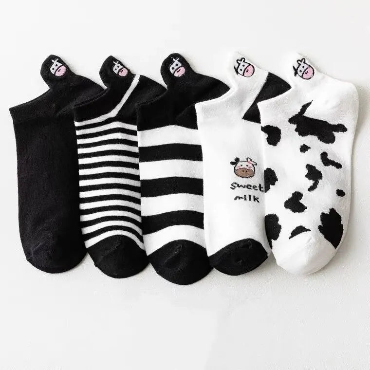 5 Pairs Womens Socks Lovely Cow Pattern Short Socks