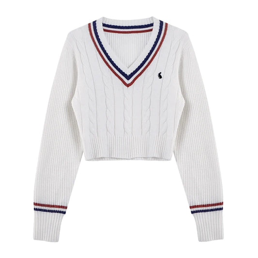 V-neck Y2K Cartoon Knitted Tops Winter Soft Basic Long Sleeve Pullovers