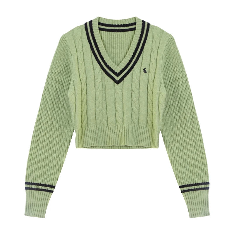 V-neck Y2K Cartoon Knitted Tops Winter Soft Basic Long Sleeve Pullovers