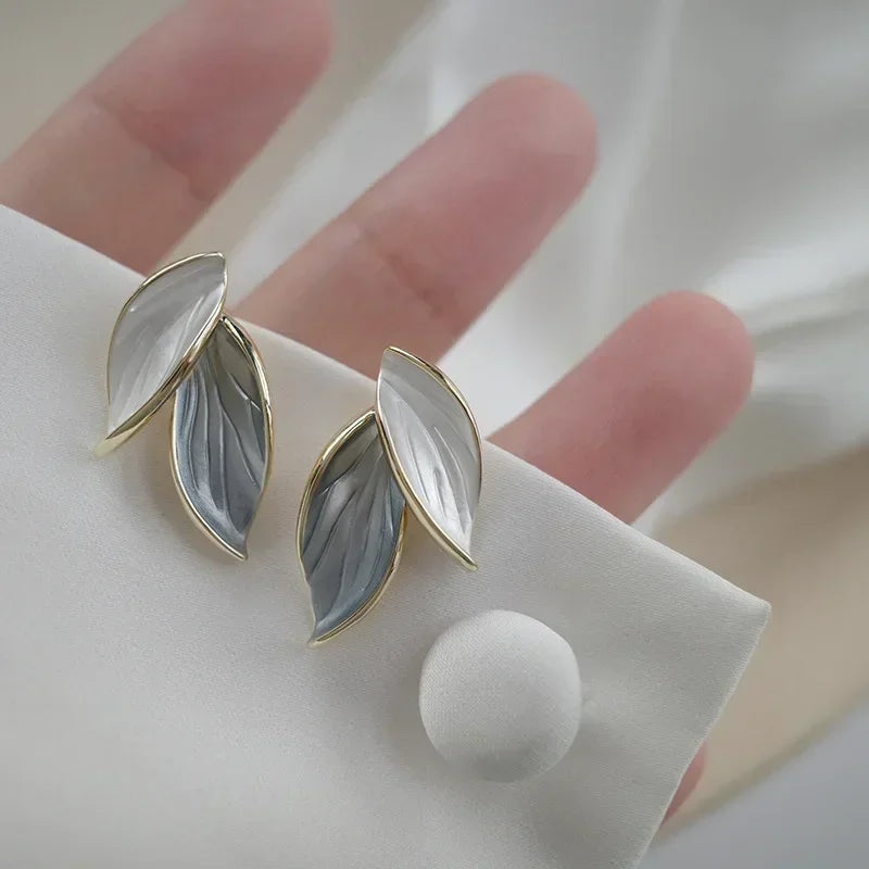 Grey Leaf Stud Earrings for Women 2024 Fashion Jewelry