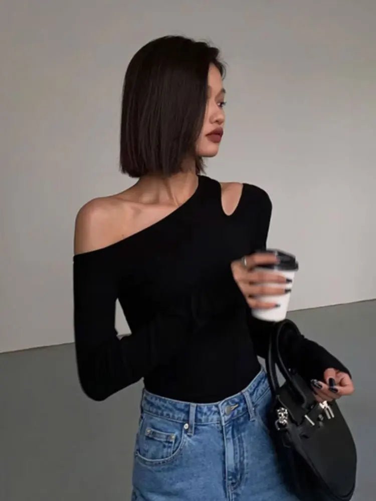 Collar Off-shoulder Long-sleeved T-shirts Women