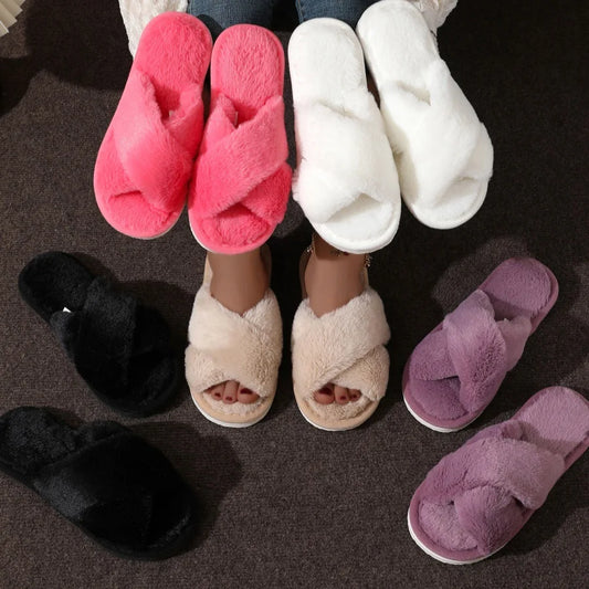 CrissCross Band Plush House Slippers for Women