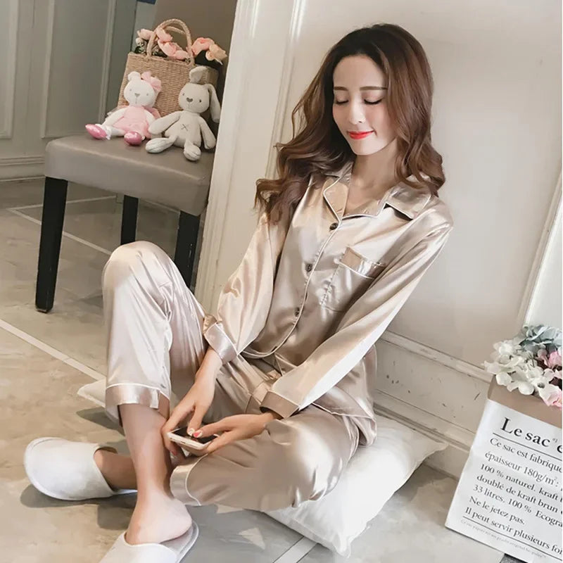 1 Set Ladies Simulation Silk Sexy Long Sleeve Pajamas