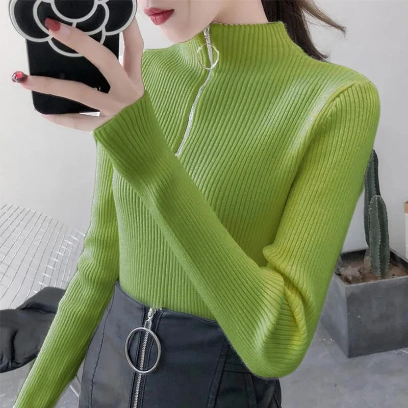 Knitted Women Zipper Half High Neck Sweater