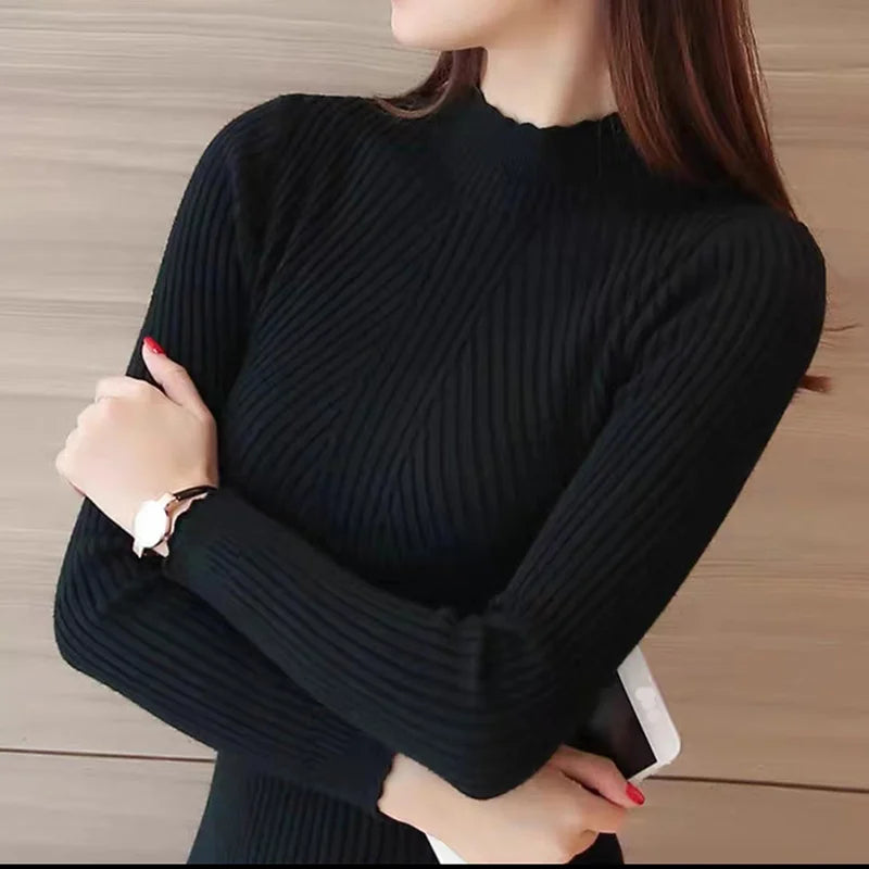 EVNISI Autumn Women Mock Neck Ruffles Sweater Long Sleeve