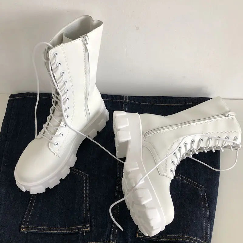 New Mid Calf Boots Women Autumn Winter Fashion Lace-up Ladies Chelsea Zipper Botas Mujer Boots Sports Platform Heel Ladies Shoes