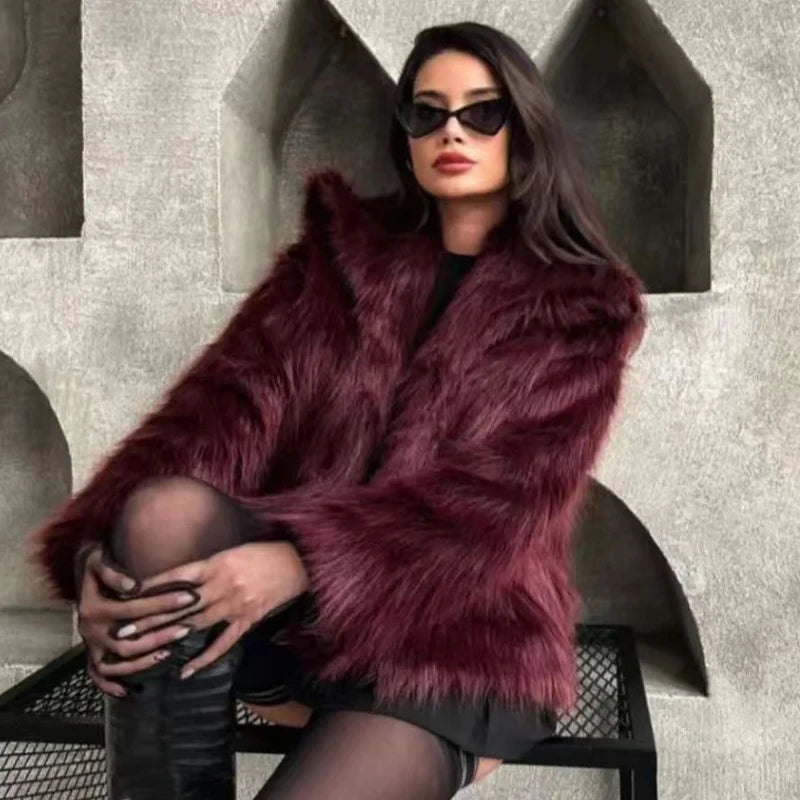 Women's Fur Coat Burgundy Bomber Jacket