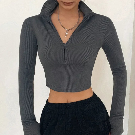 Women T-shirt Sexy Turtleneck Zipper Crop Tops Fitness Long Sleeve Y2K Casual Shirts