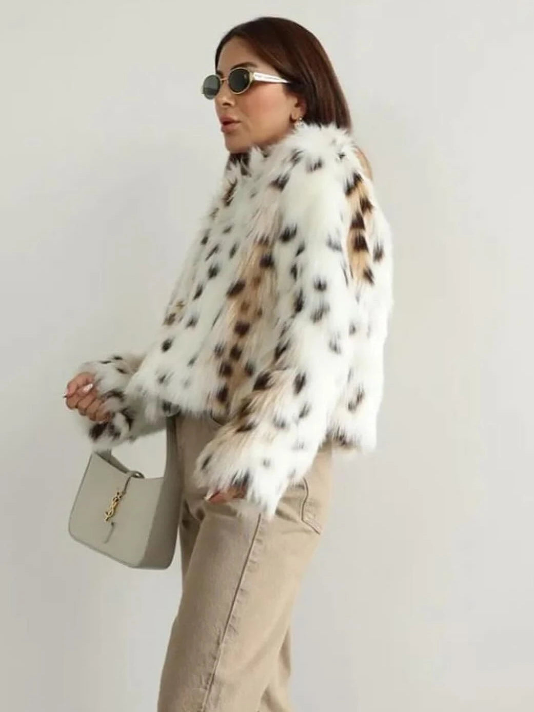 Women Leopard Faux Fur Loose Jacket Warm Long Sleeve