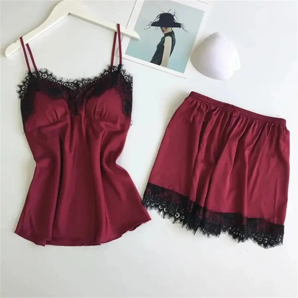 Two PCS  V-Neck Sexy Lace Pajama Set