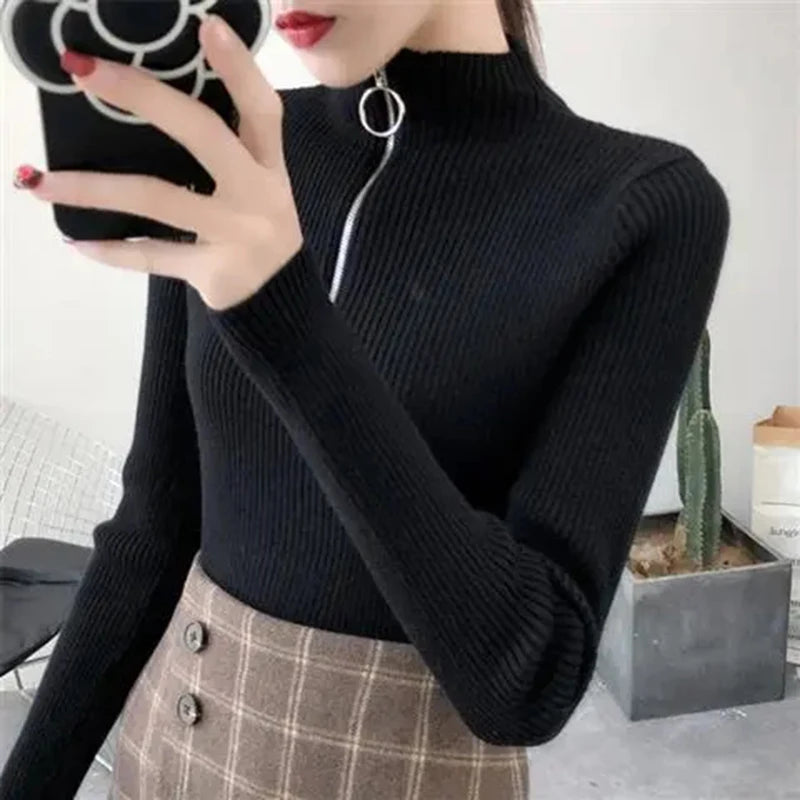 Knitted Women Zipper Half High Neck Sweater