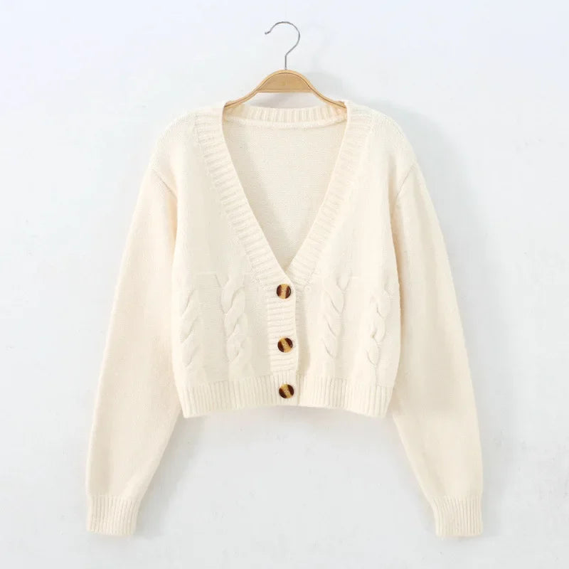 V Neck Cropped Cardigan Women Long Sleeve Twist Knitted Sweater Coats