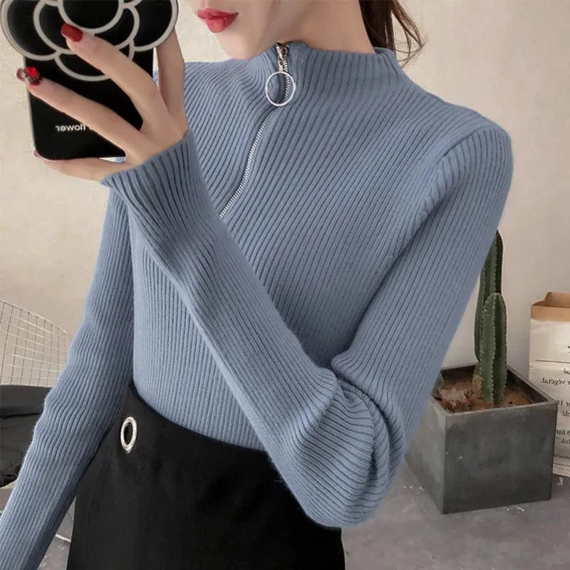 Knitted Women Zipper Half High Neck Sweater