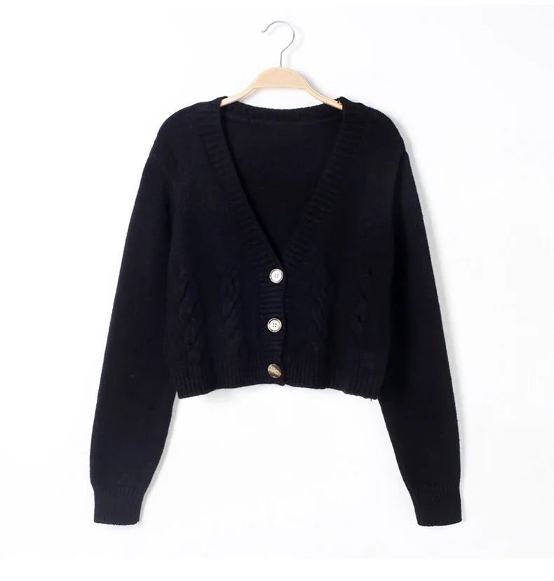 V Neck Cropped Cardigan Women Long Sleeve Twist Knitted Sweater Coats