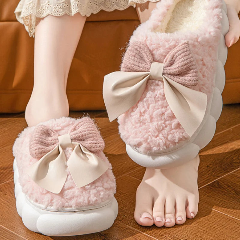 Winter Warm Fur Slippers for Women Cute bow House Non Slip Soft Shoes Comfort Flat Heel Home Indoor Bedroom Plush Slippers