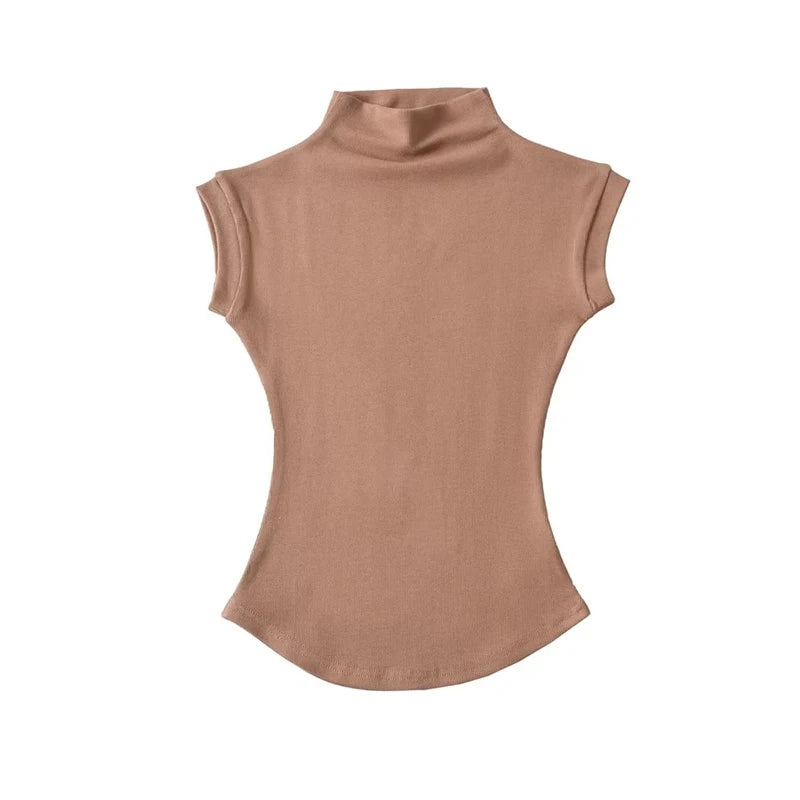 Sexy Turtleneck Sleeveless T-Shirts Tops Solid Slim