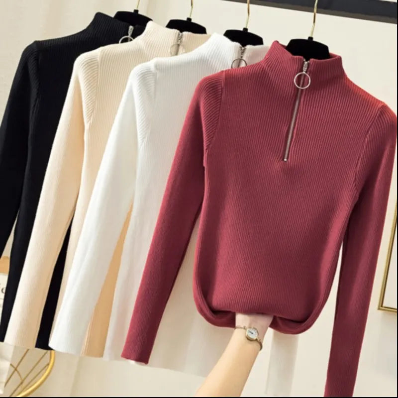 Knitted Women Zipper Half High Neck Sweater