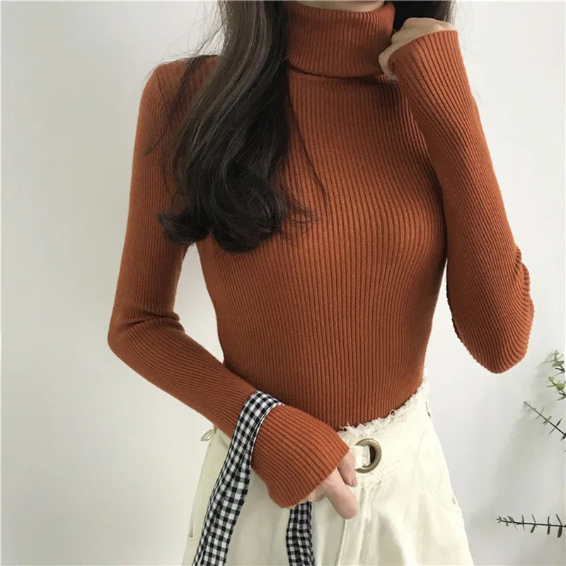 Thick Sweater Women Knitted Ribbed Pullover Long Sleeve